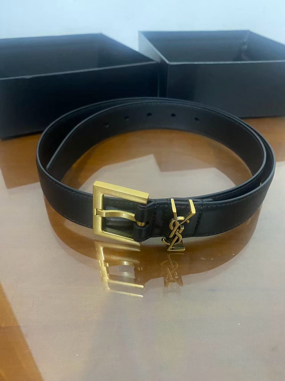 Yves Saint Laurent Black Belt with Gold Buckle  85cm/34in